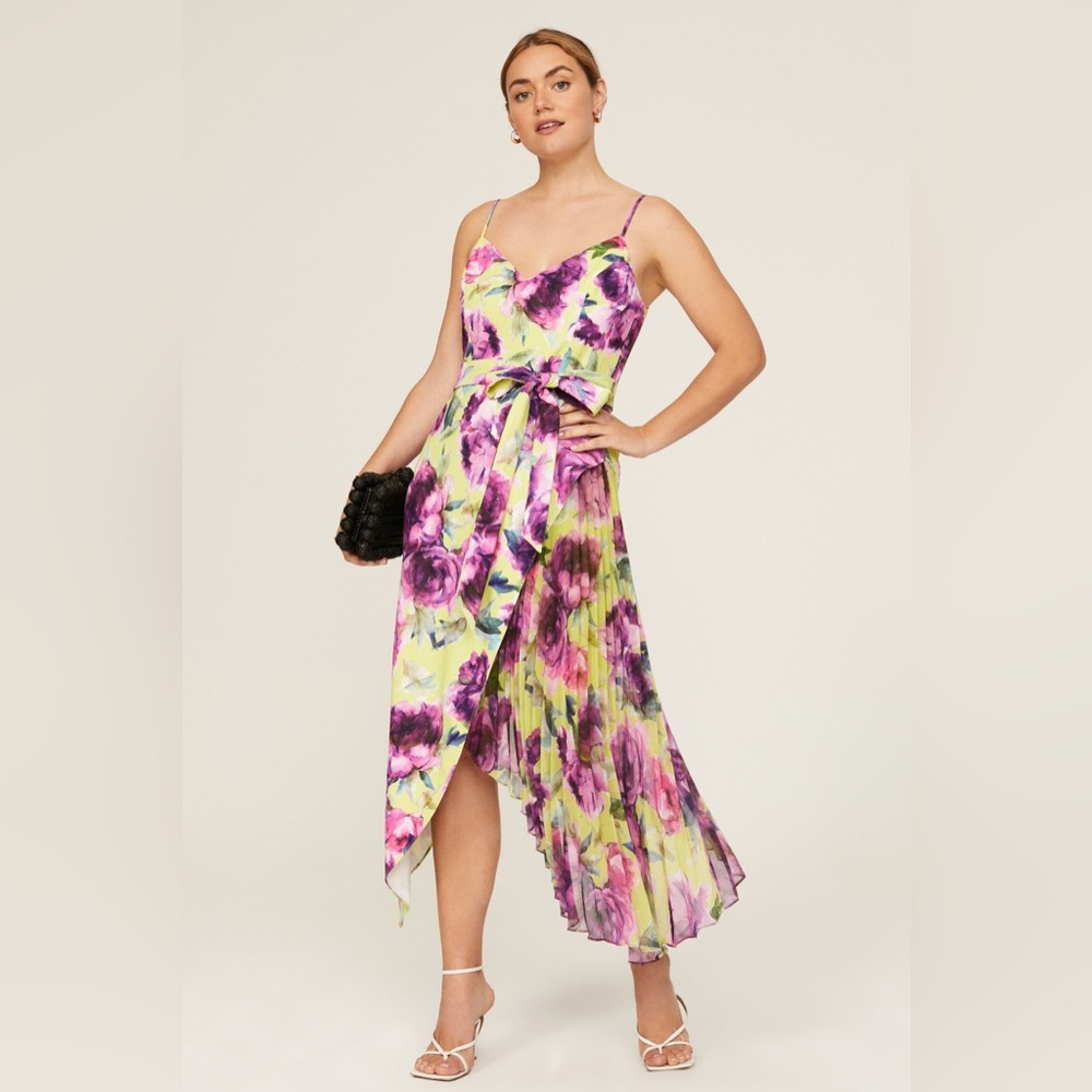Badgley Mischka Multicolored Floral asymmetrical pleated Dress-Size 2 NWOT